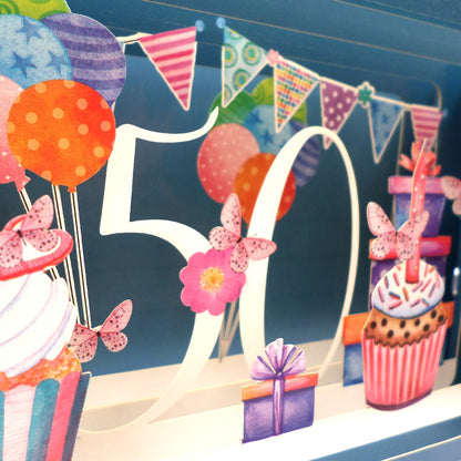 Message In A Bottle Cupcake 50th Pop Up Birthday Greeting Card