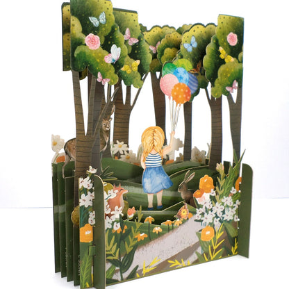 Little Girl Playing Balloons 3D Pop Up Any Occasion Greeting Card