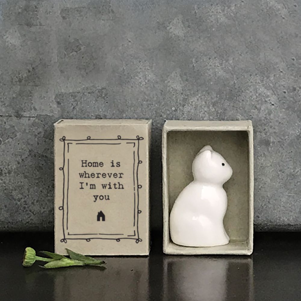 East Of India Home Is With You Matchbox With Ceramic Little Cat Inside