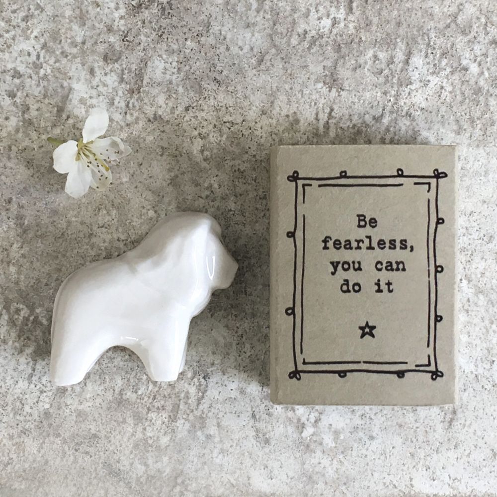 East Of India Be Fearless Matchbox With Ceramic Little Lion Inside