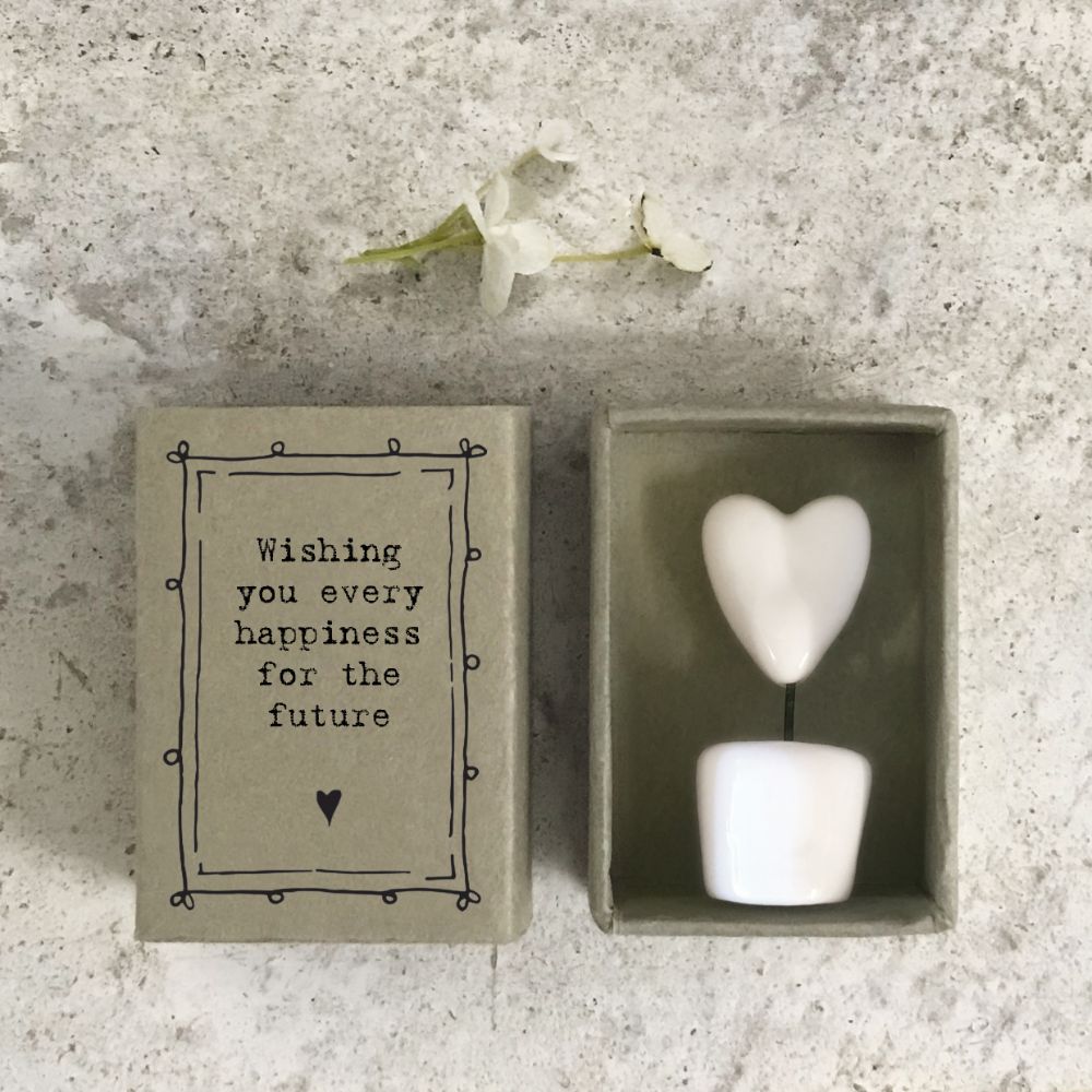 East Of India Happiness Matchbox With Ceramic Heart In A Pot Inside