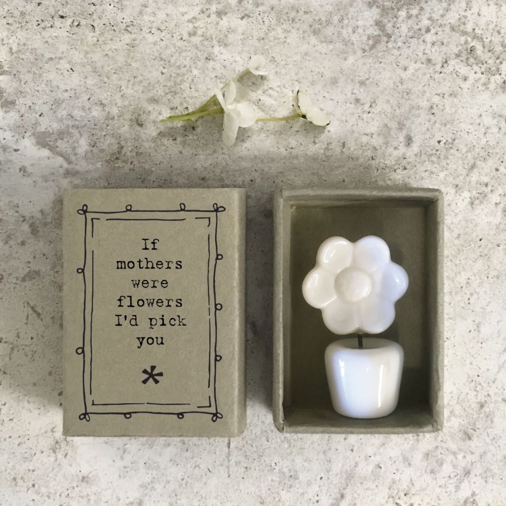 East Of India Mothers Matchbox With Ceramic Flowers In A Pot Inside