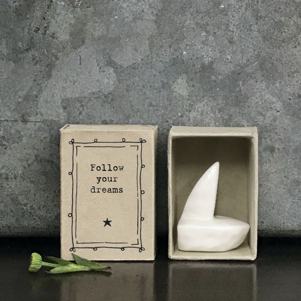 East Of India Follow Your Dreams Matchbox Ceramic Little Boat Inside