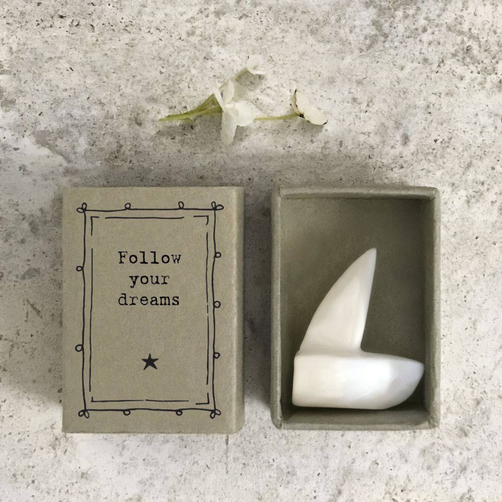 East Of India Follow Your Dreams Matchbox Ceramic Little Boat Inside
