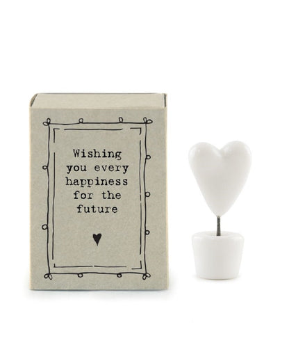 East Of India Happiness Matchbox With Ceramic Heart In A Pot Inside