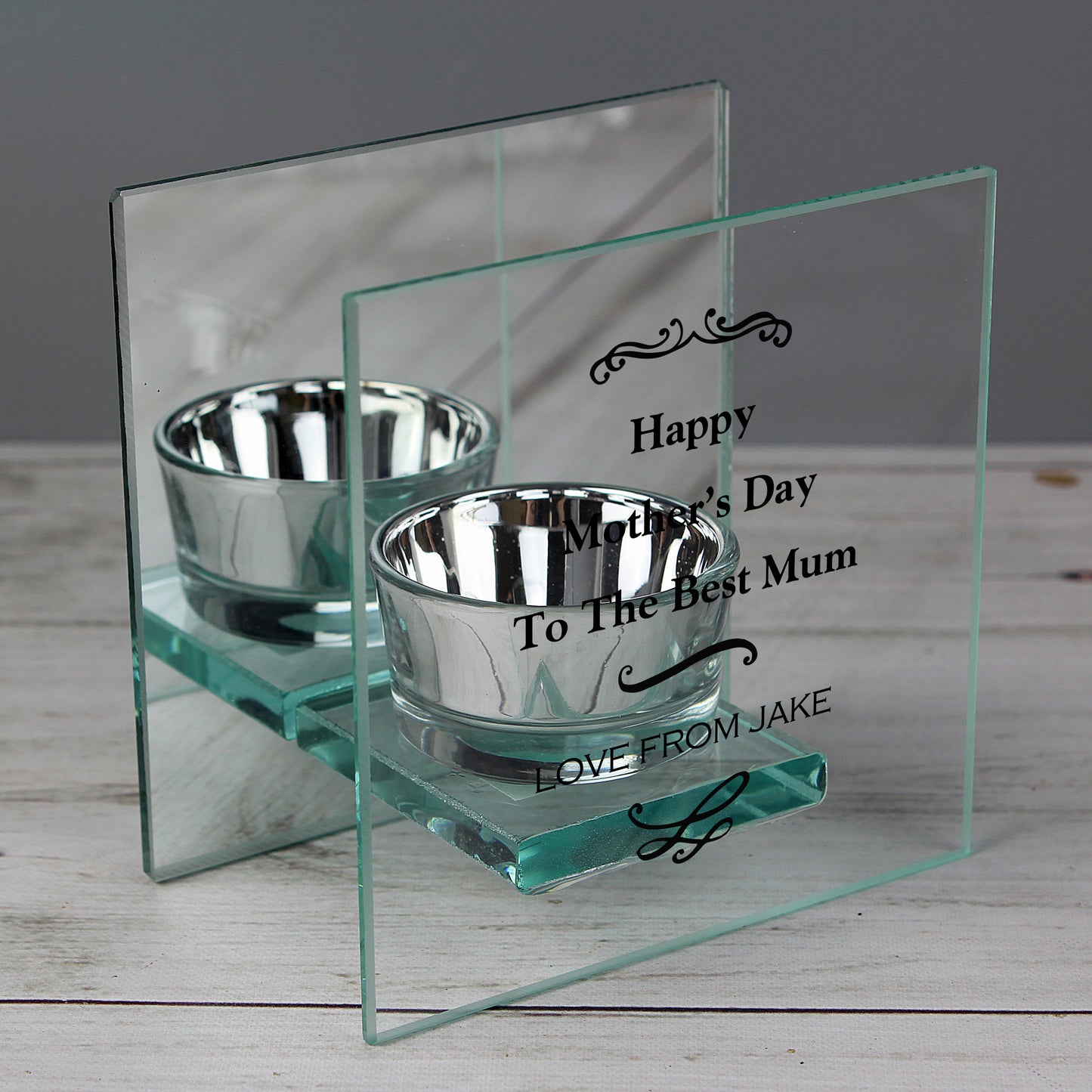 Personalised Antique Scroll Mirrored Glass Tea Light Candle Holder - Personalise It!