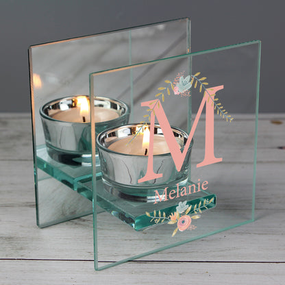 Personalised Floral Bouquet Mirrored Glass Tea Light Candle Holder - Personalise It!