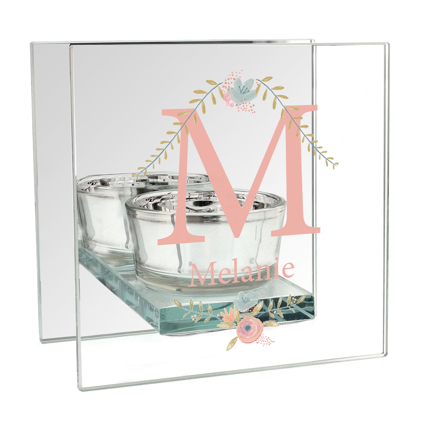 Personalised Floral Bouquet Mirrored Glass Tea Light Candle Holder - Personalise It!
