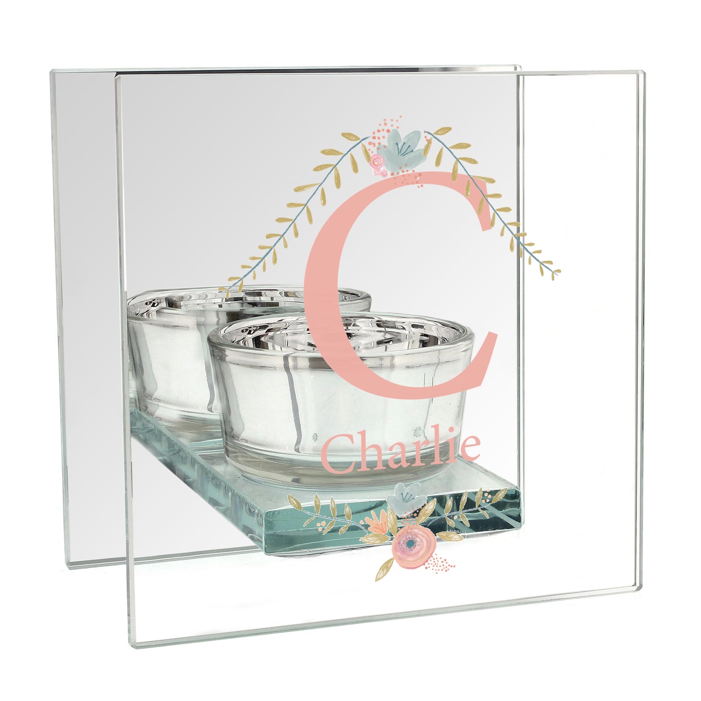 Personalised Floral Bouquet Mirrored Glass Tea Light Candle Holder - Personalise It!