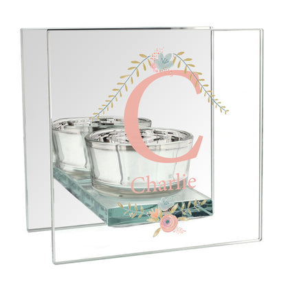 Personalised Floral Bouquet Mirrored Glass Tea Light Candle Holder - Personalise It!