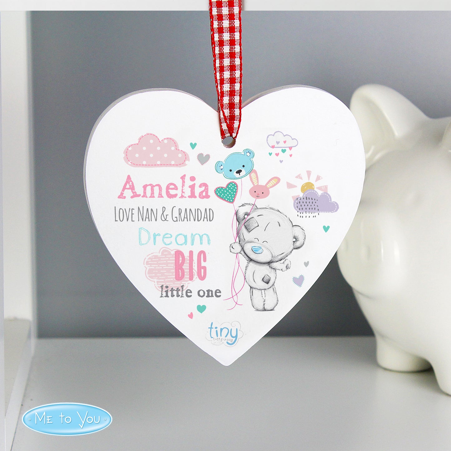 Personalised Tiny Tatty Teddy Dream Big Pink Wooden Heart Decoration - Personalise It!