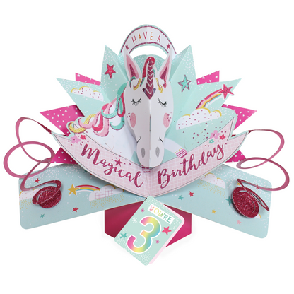 You're 3 Magical Unicorn 3rd Birthday Pop-Up Greeting Card