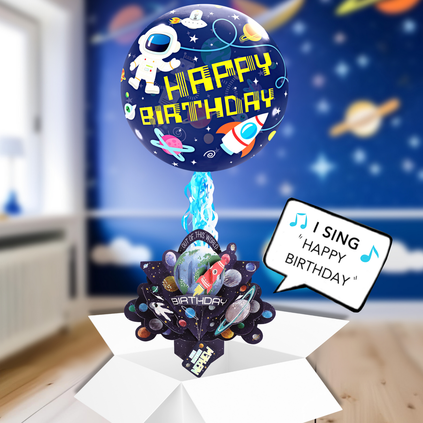 Nephew Birthday Space Pop Up Card & Musical Balloon Surprise Delivered In A Box
