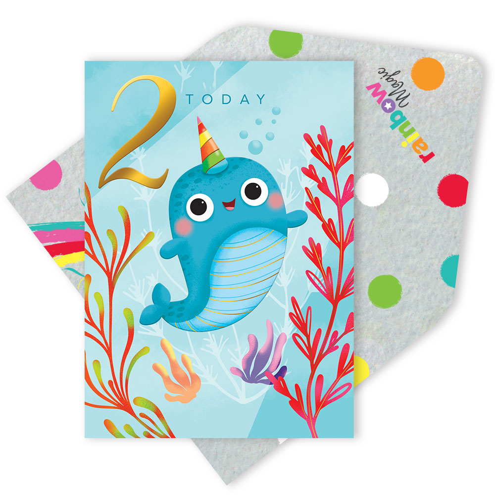 2 Today Happy Narwhal Gold Foiled 2nd Birthday Greeting Card