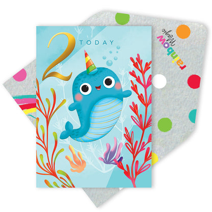 2 Today Happy Narwhal Gold Foiled 2nd Birthday Greeting Card