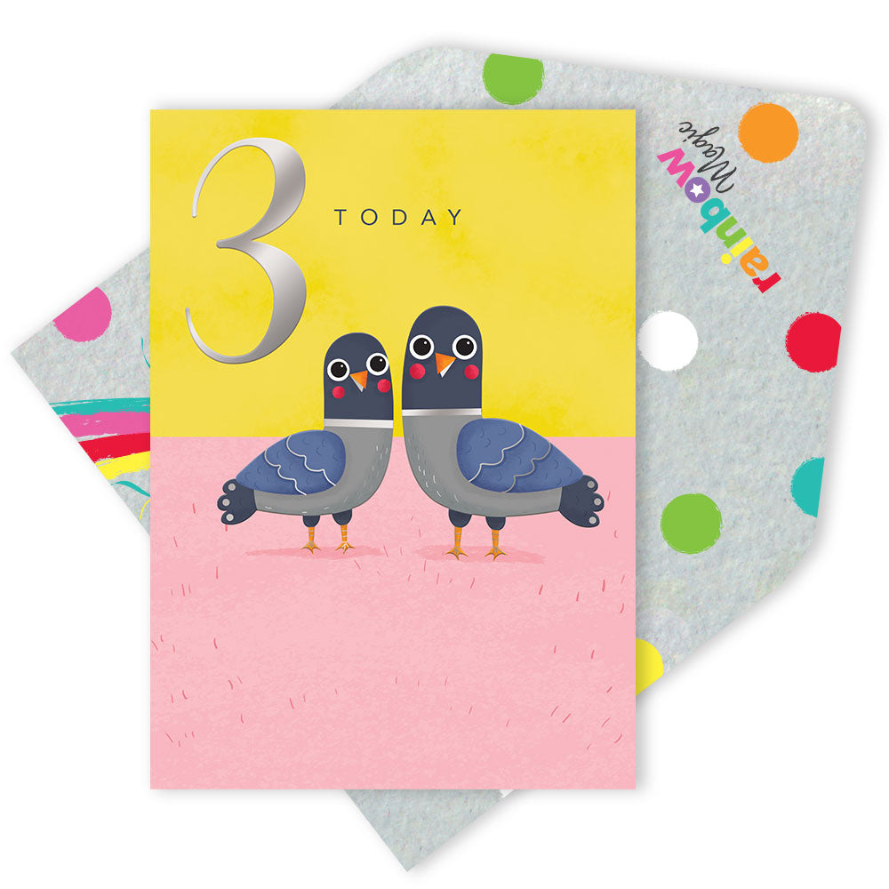 3 Today Happy Pigeons Silver Foiled 3rd Birthday Greeting Card