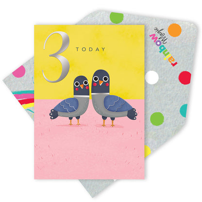 3 Today Happy Pigeons Silver Foiled 3rd Birthday Greeting Card