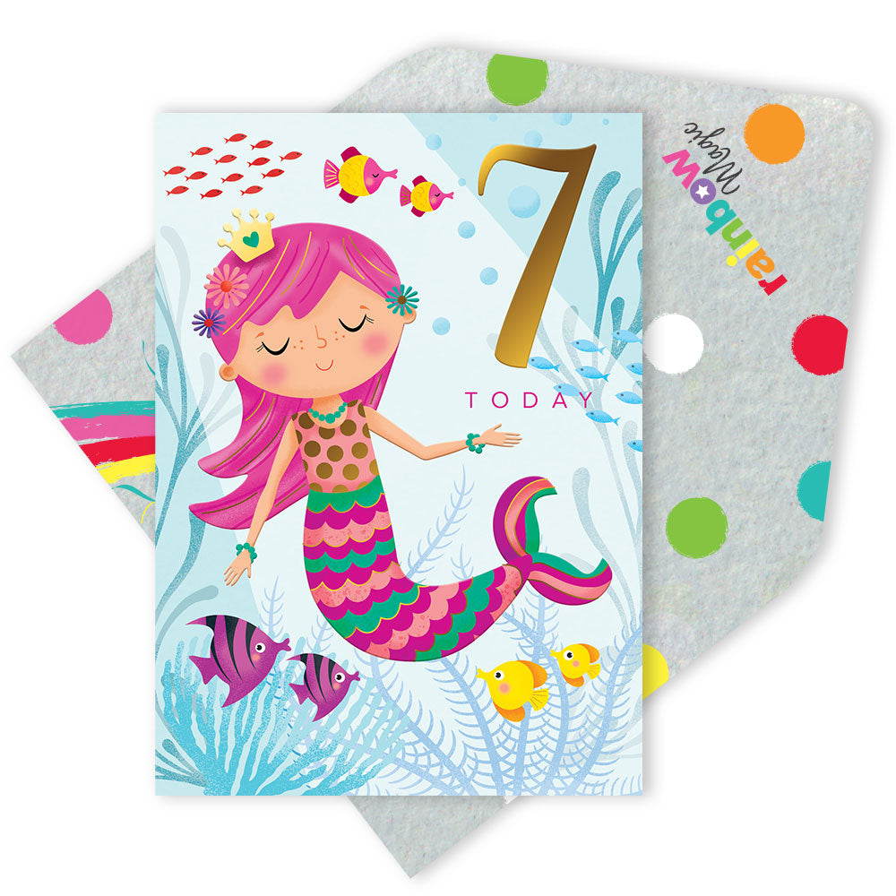 Girls 7 Today Mermaid Gold Foiled 7th Birthday Greeting Card