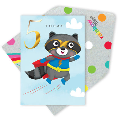 Boys 5 Today Raccoon Gold Foiled 5th Birthday Greeting Card