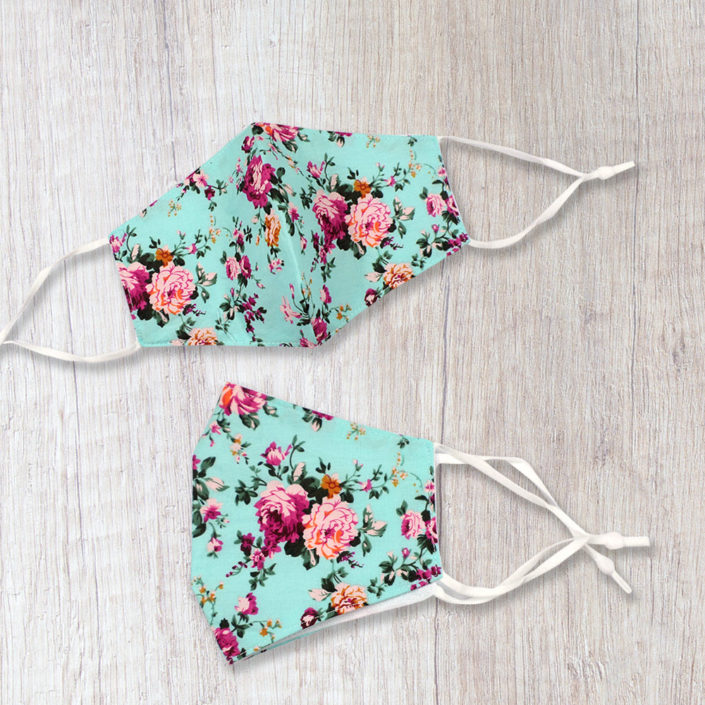 Fashionable Fabric Roses Print On Turquoise Face Mask Durable & Reusable