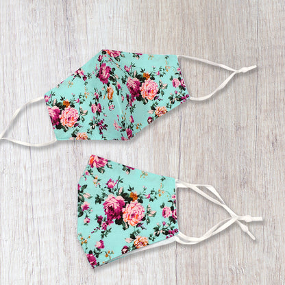 Fashionable Fabric Roses Print On Turquoise Face Mask Durable & Reusable