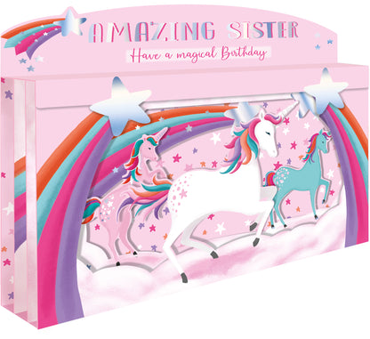 Spectacular 3D Unicorn & Rainbows Amazing Sister Birthday Card