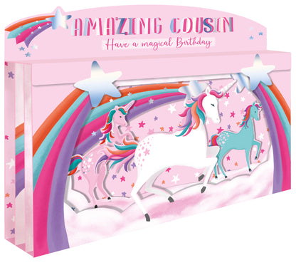 Spectacular 3D Unicorn & Rainbows Cousin Birthday Card