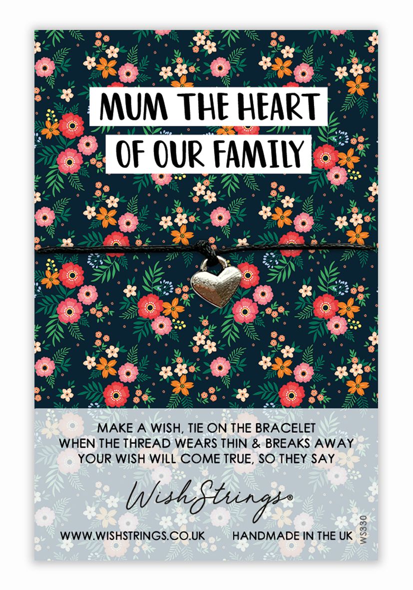 Mum The Heart Of Family Wish String Bracelet With Lucky Charm