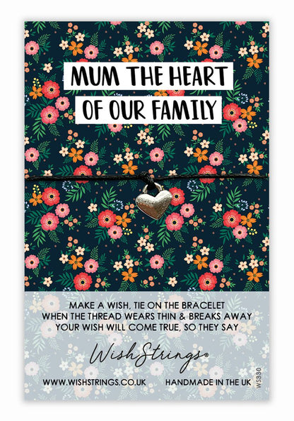 Mum The Heart Of Family Wish String Bracelet With Lucky Charm