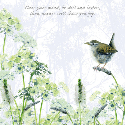 Tuppence A Bag Wren Be Still & Listen Bird Themed Bird Art Greeting Card