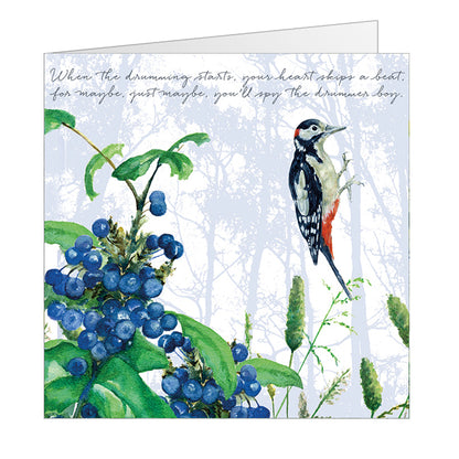 Tuppence A Bag Great Spotted Woodpecker Bird Drumming Bird Art Greeting Card
