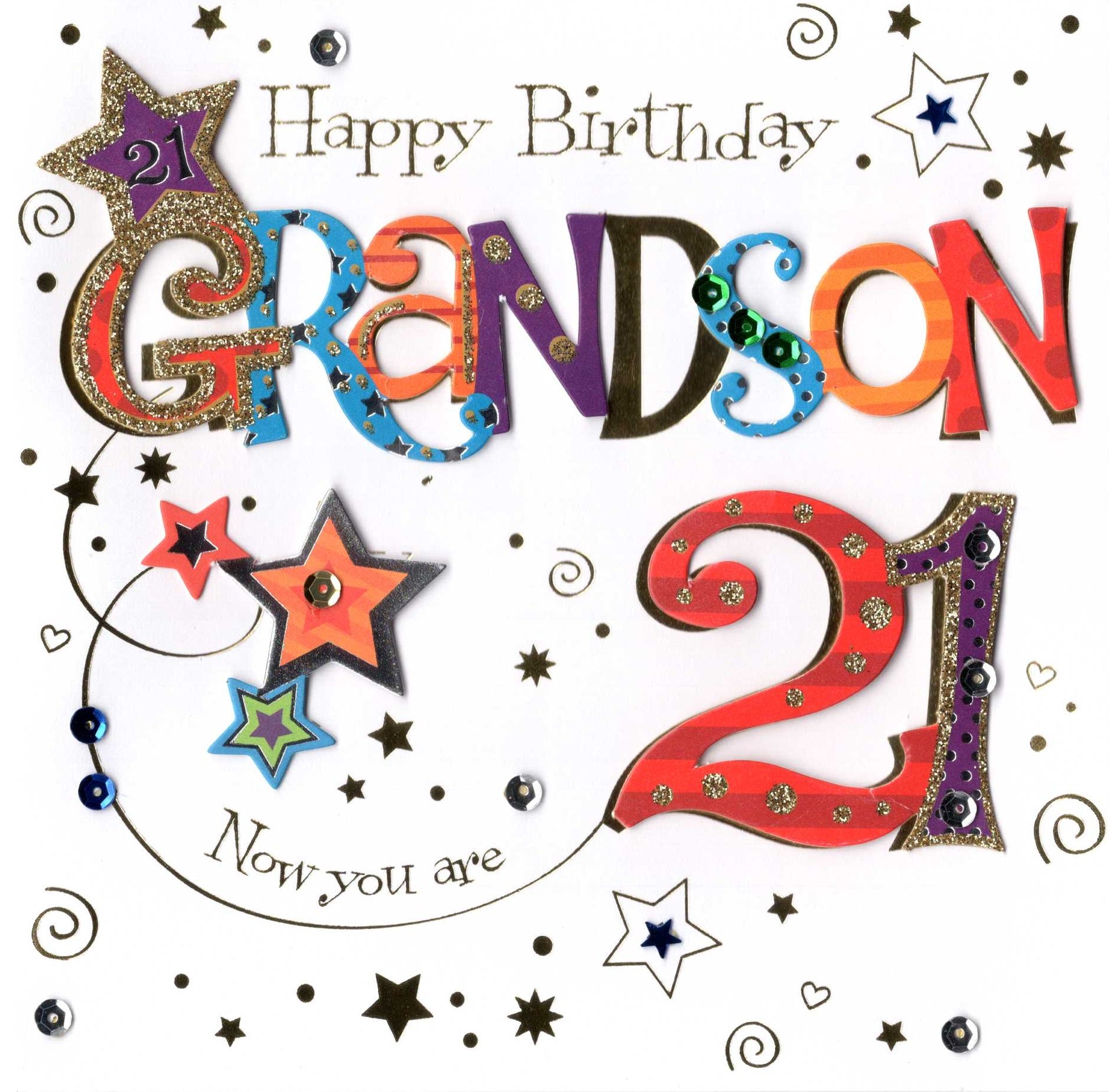 Grandson 21st Birthday Card - Modern UK Greeting For Boy/Male, Multi-Colour