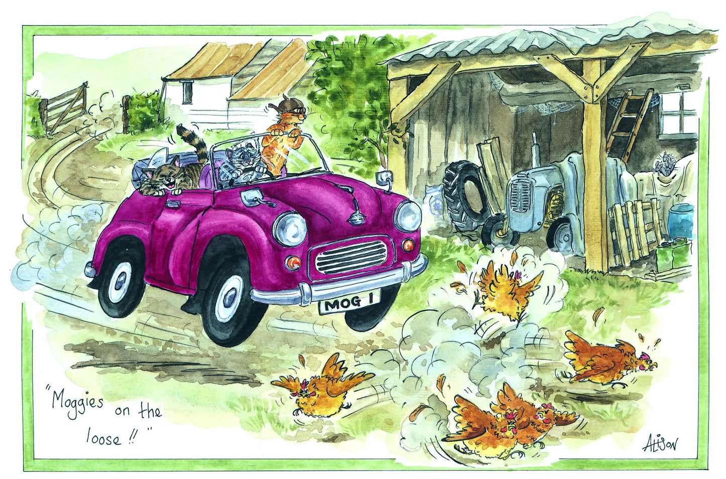 Moggies Driving A Morris Minor Cats Alison's Animals Cartoon Greeting Card