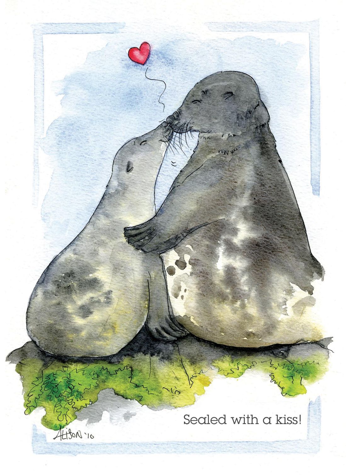 Seals Kissing Sealed With A Kiss Alison's Animals Cartoon Greeting Card