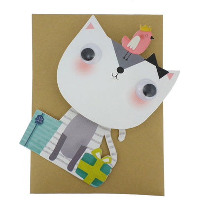 Children's Wobbly Head Bird On A Cat 3D Birthday Greeting Card