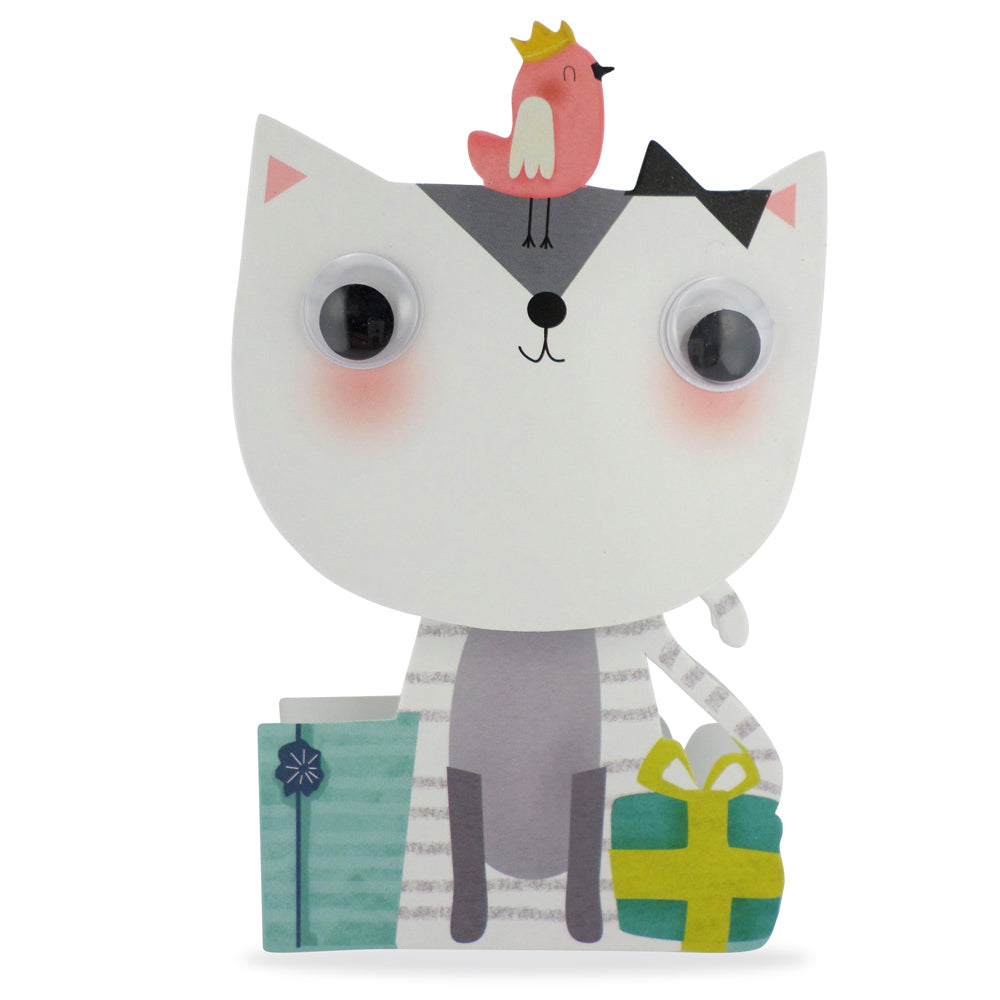 Children's Wobbly Head Bird On A Cat 3D Birthday Greeting Card