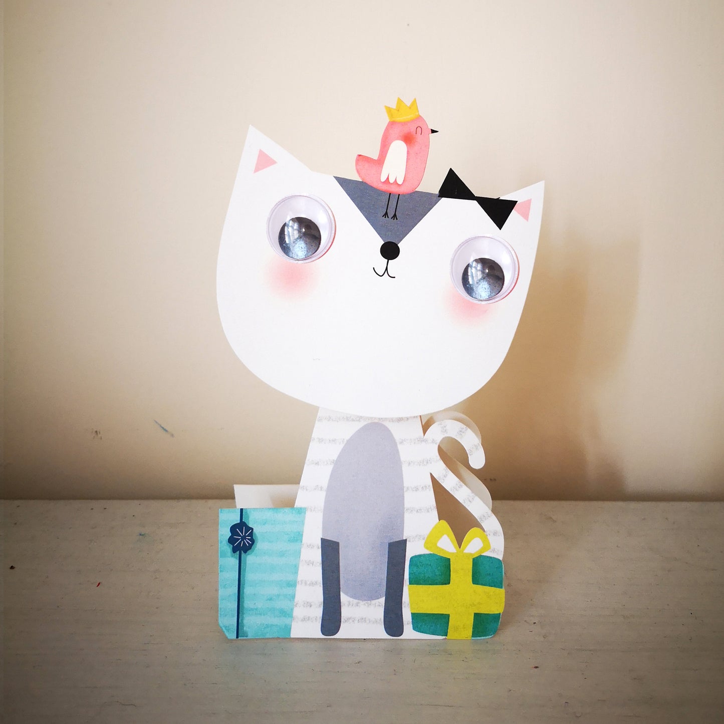 Children's Wobbly Head Bird On A Cat 3D Birthday Greeting Card
