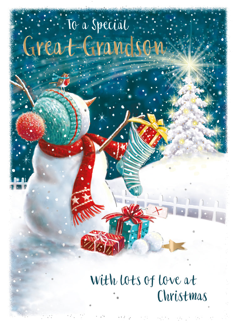 To A Special Great-Grandson Snowman Foiled Christmas Greeting Card
