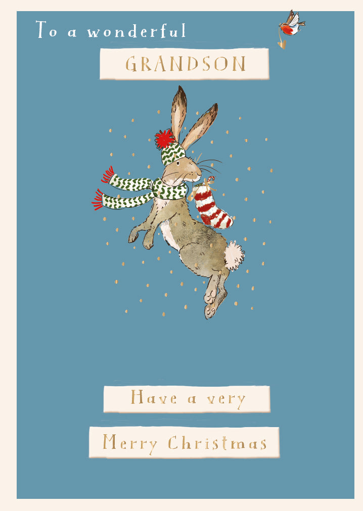 To A Wonderful Grandson Happy Hare Foiled Christmas Greeting Card