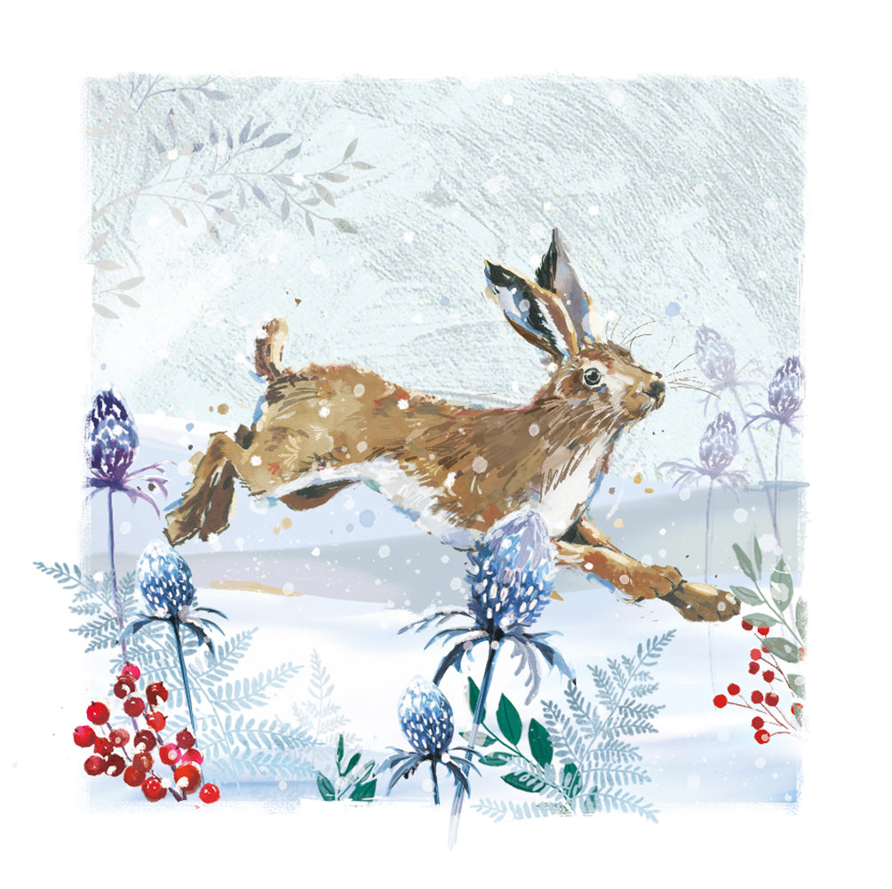 The Wildlife Winter Running Hare In The Snow Christmas Card