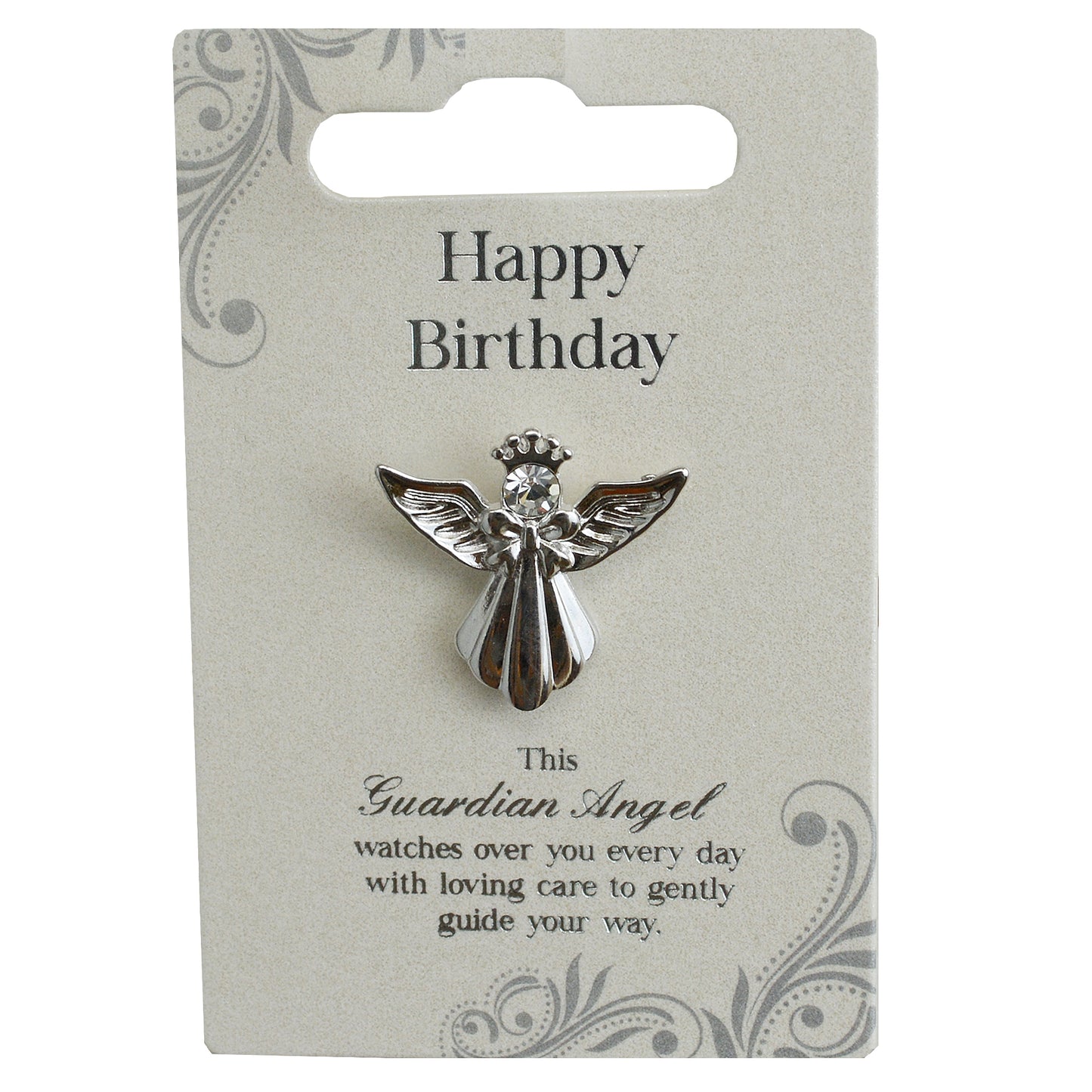 Happy Birthday Silver Coloured Angel Pin With Gem Stone
