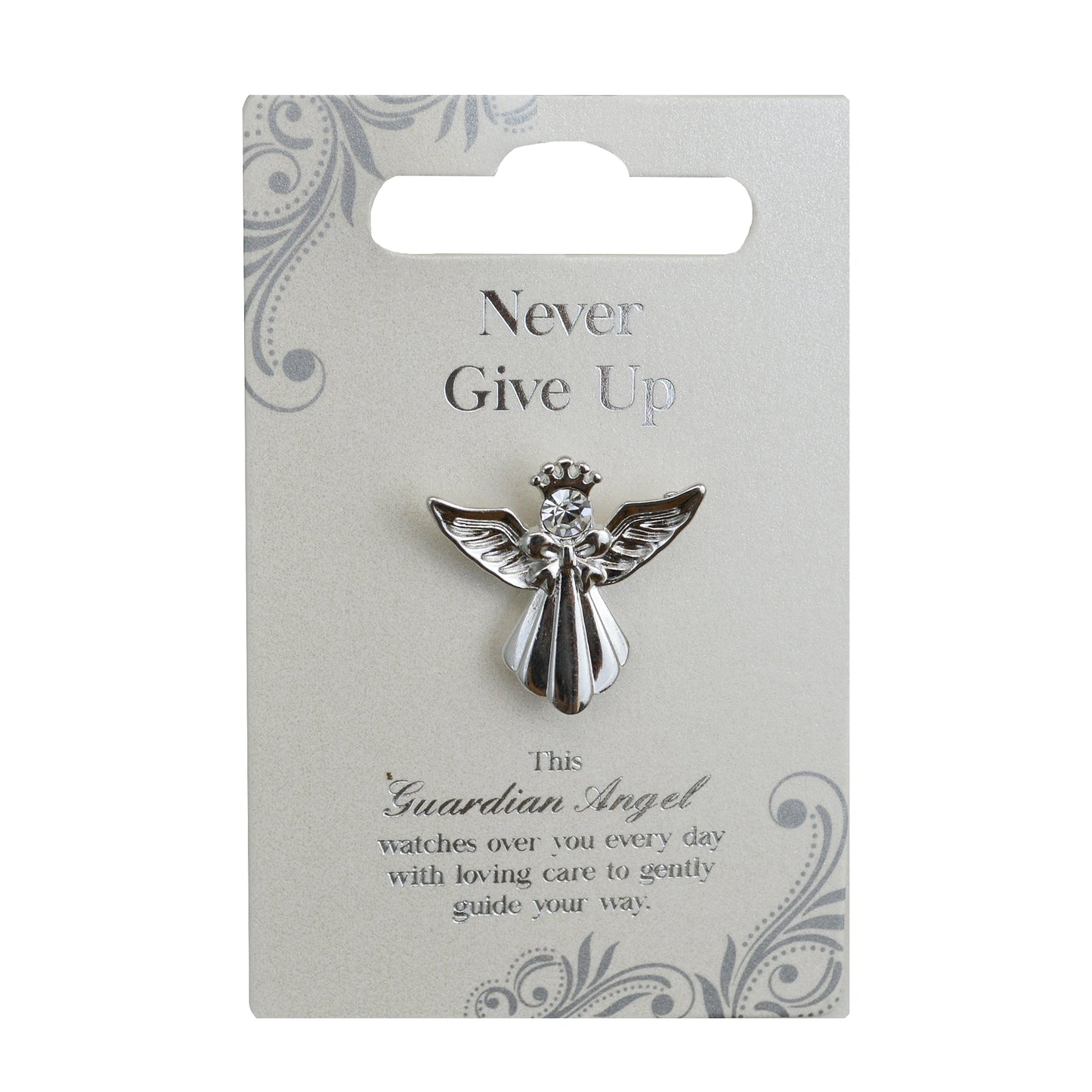 Never Give Up Silver Coloured Angel Pin With Gem Stone