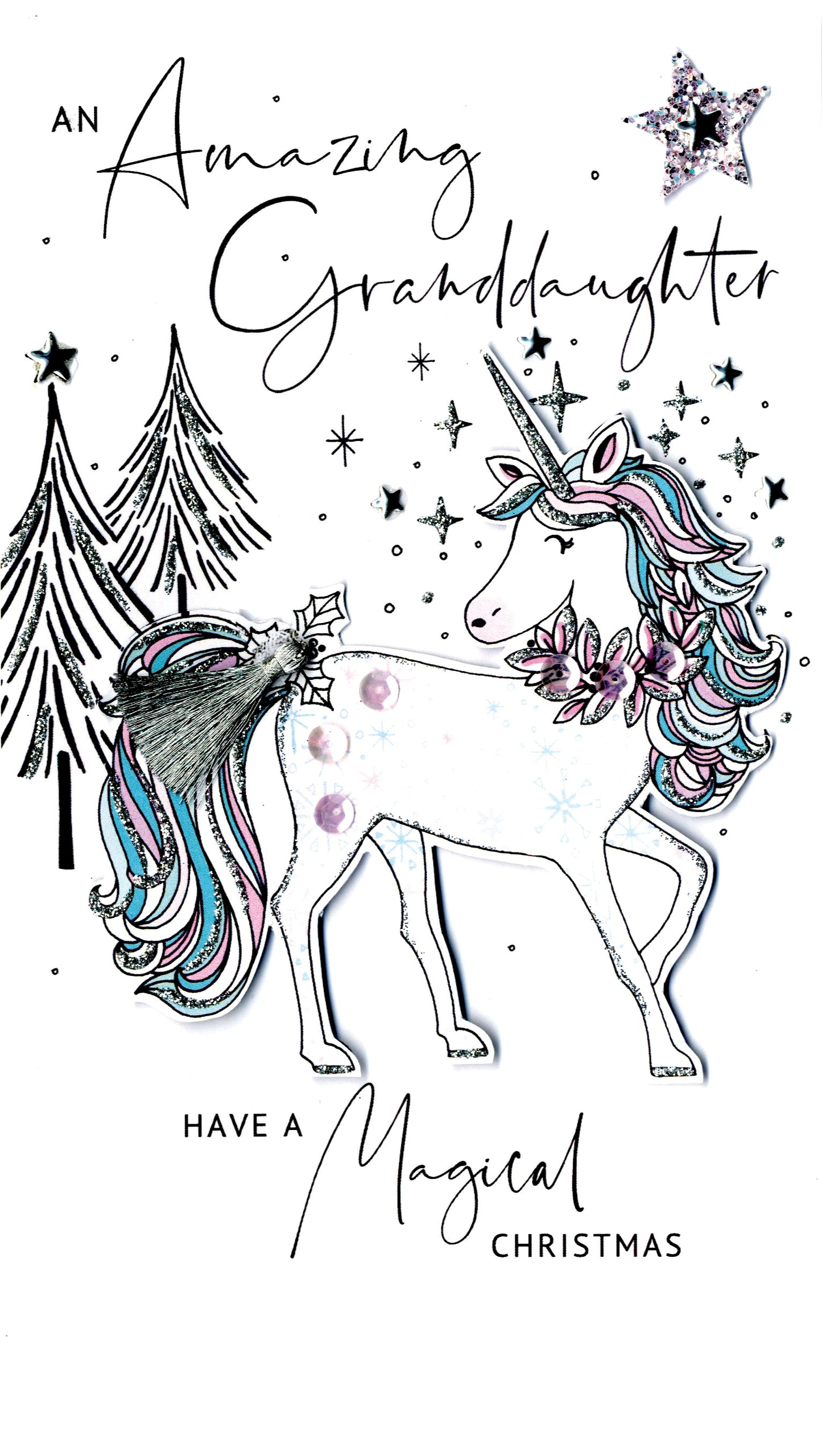 Granddaughter Unicorn Embellished Christmas Card Hand-Finished