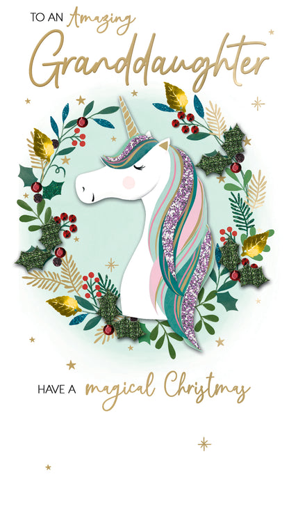 Granddaughter Unicorn Embellished Christmas Card Hand-Finished