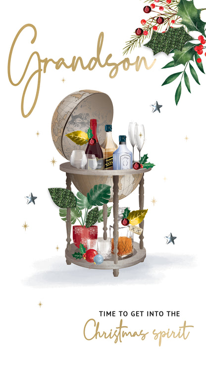 Grandson Xmas Spirt Embellished Christmas Card Hand-Finished