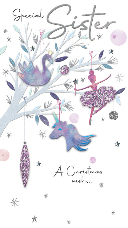 Special Sister Unicorn Embellished Christmas Card Hand-Finished