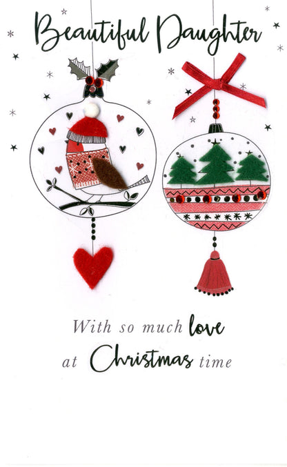 Beautiful Daughter Baubles Embellished Christmas Card
