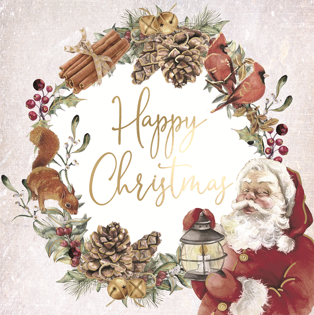 Santa In A Wreath Luxury Hand-Finished Christmas Card