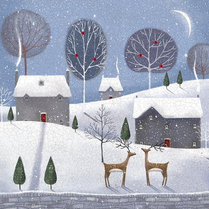 Reindeers Snowy Scene Luxury Hand-Finished Foiled Christmas Card