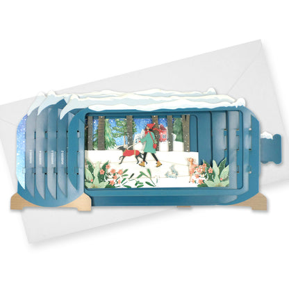 Message In A Bottle Snowy Woodland Dog Walk Pop Up Christmas Card